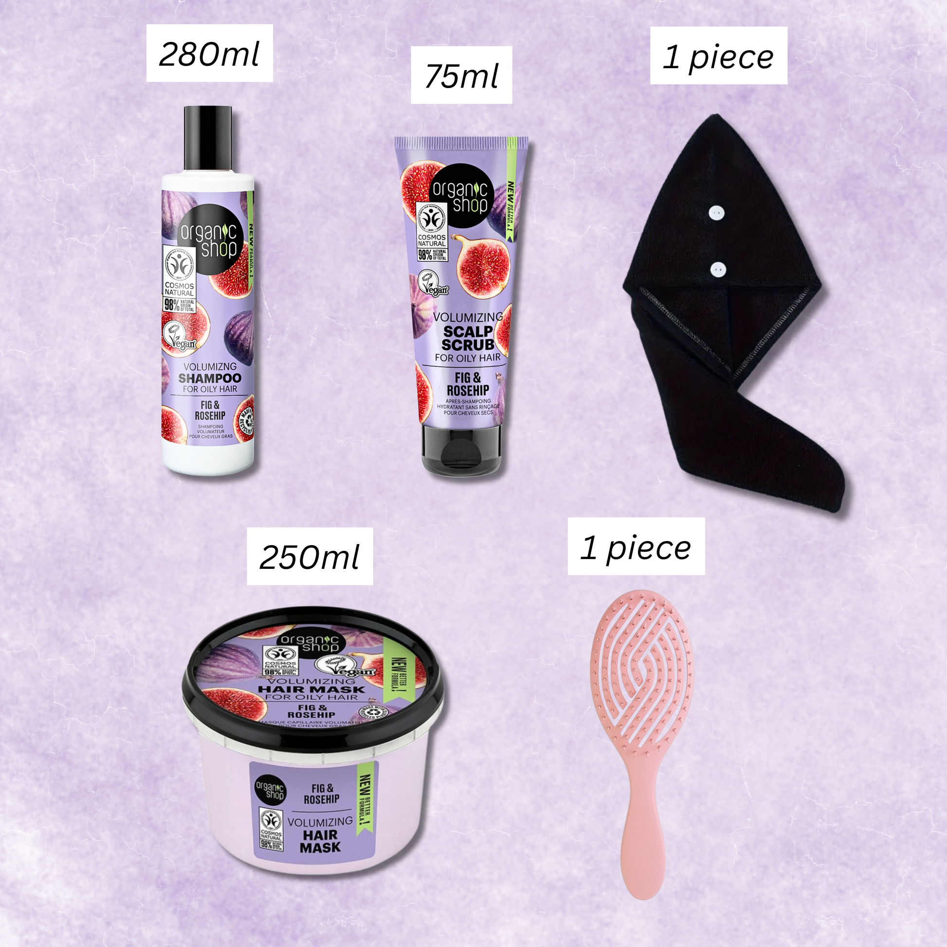 Hair care product size chart showing fig & rosehip shampoo, scrub, mask, towel wrap, and pink detangling brush.