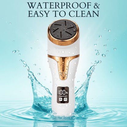 white electric foot file splashing in water to show waterproof and easy clean design