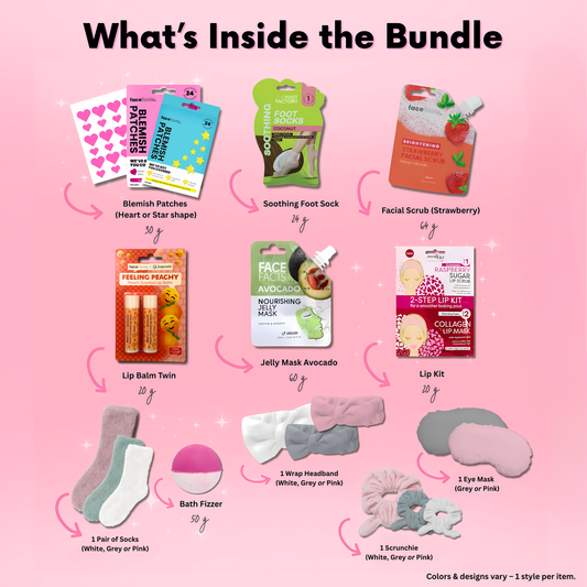 Flat lay of 11-piece teen skincare and self-care bundle contents including masks, socks, lip kit, headband, and more