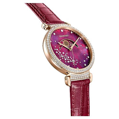 Swarovski Women's Passage Moon Phase Swiss Made Moon Watch with Leather Strap Red Rose Gold Finish 5613323, Strap.