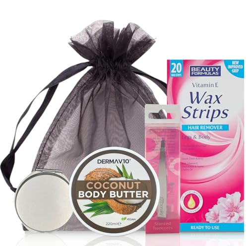 Coconut Body Butter with Wax Strips, Mirror & Tweezers - Body Moisturizer and Hydration Bundle