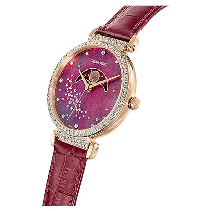 Swarovski Women's Passage Moon Phase Swiss Made Moon Watch with Leather Strap Red Rose Gold Finish 5613323, Strap.