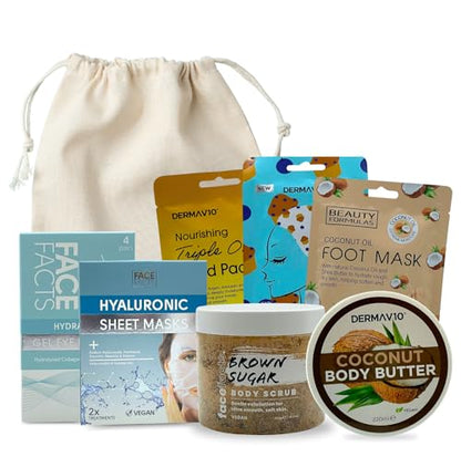 Head-to-Toe Spa at Home Pamper Gift Set, Body Butter, Hair Mask, Body Scrub, Facial Mask, Eye Patches, Hand Mask and Foot Mask Bundle