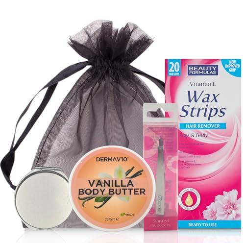 Vanilla Body Butter with Wax Strips, Mirror & Tweezers - Body Moisturizer and Hydration Bundle