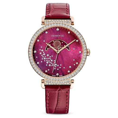 Swarovski Women's Passage Moon Phase Swiss Made Moon Watch with Leather Strap Red Rose Gold Finish 5613323, Strap.