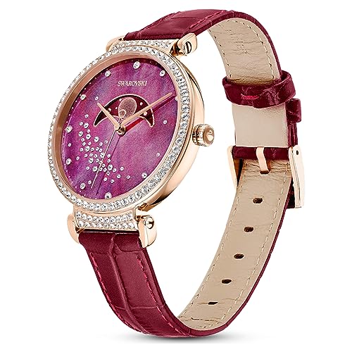 Swarovski Women's Passage Moon Phase Swiss Made Moon Watch with Leather Strap Red Rose Gold Finish 5613323, Strap.